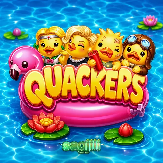 Tampilan visual slot Quackers dengan karakter bebek dan grid cluster pays